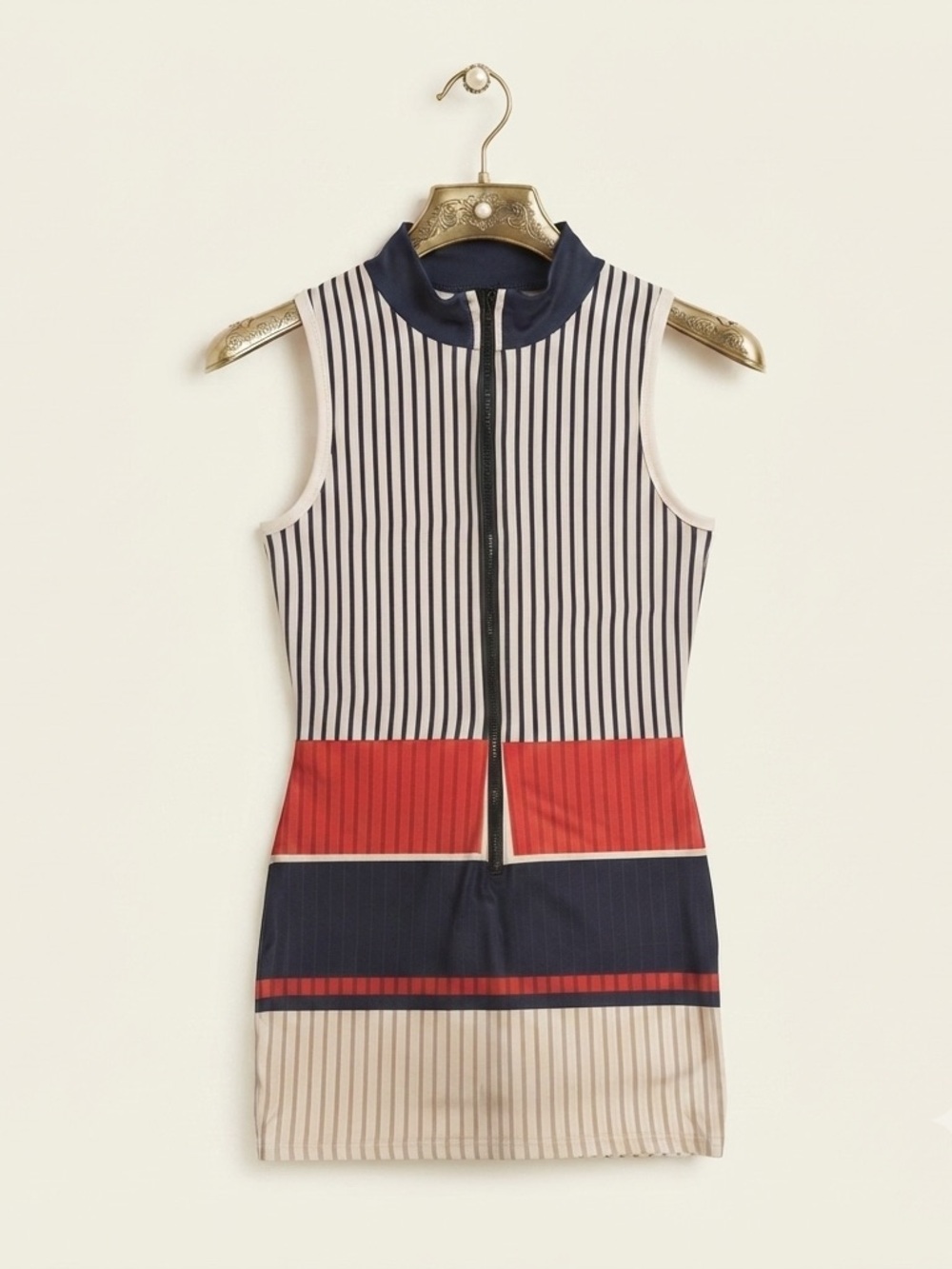 Sleeveless Mock Neck Striped Mini Dress Red Black Cream Size Medium (very short)